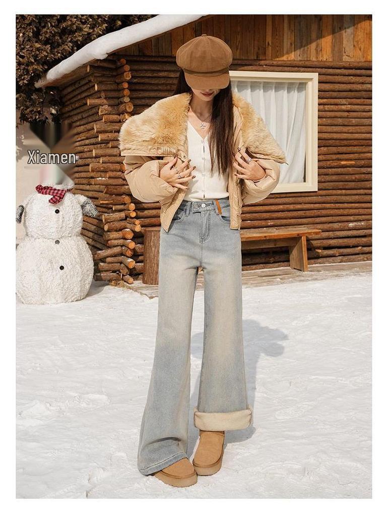 Women's High-Waisted Flared Jeans with Fleece Lining, Winter Collection, Pear-Shaped Fit, Slimming, Small Horse Embroidery, Narrow Flare, Relaxed Fit.