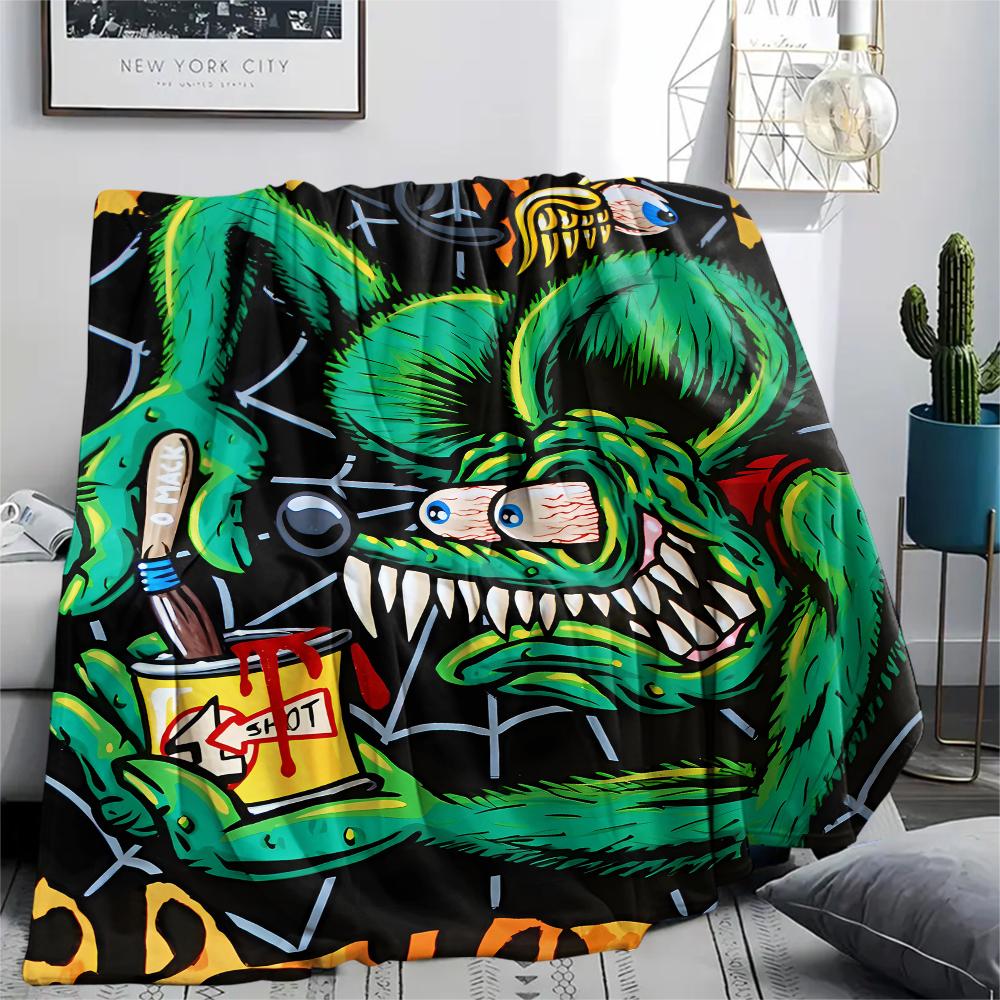 1PC Rat Fink Print Flannel Blanket, High Quality All Seasons, Home Decor, Warmth and Comfort, Perfect for Christmas Gifts