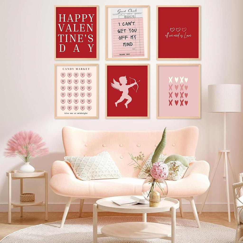Whaline 12Pcs Valentine's Day Wall Art Prints Retro Romantic Love Heart Cupid Art Poster Red Pink Wall Decor For Wedding Home Living Room Bedroom,