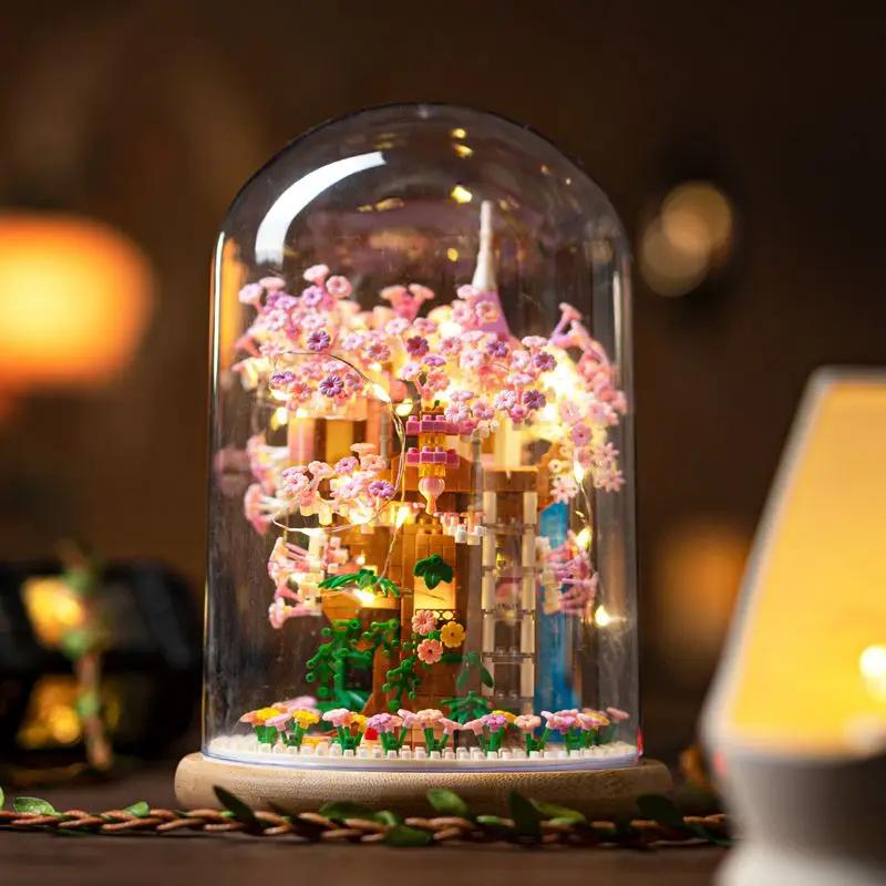 

Китайская древняя архитектура, строительные блоки, серия, модель Сакура, бонсай, дерево, персиковый цвет, бассейн, украшения для дома для взрослых, подарки своими руками