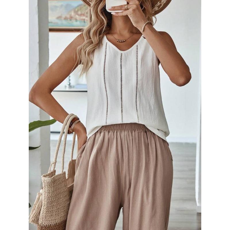 Frühling Sommer Oberteile Damenmode Spitze Ausgeschnitten Ärmellos Baumwolle Leinen Lässig Einfarbig Damen Weste