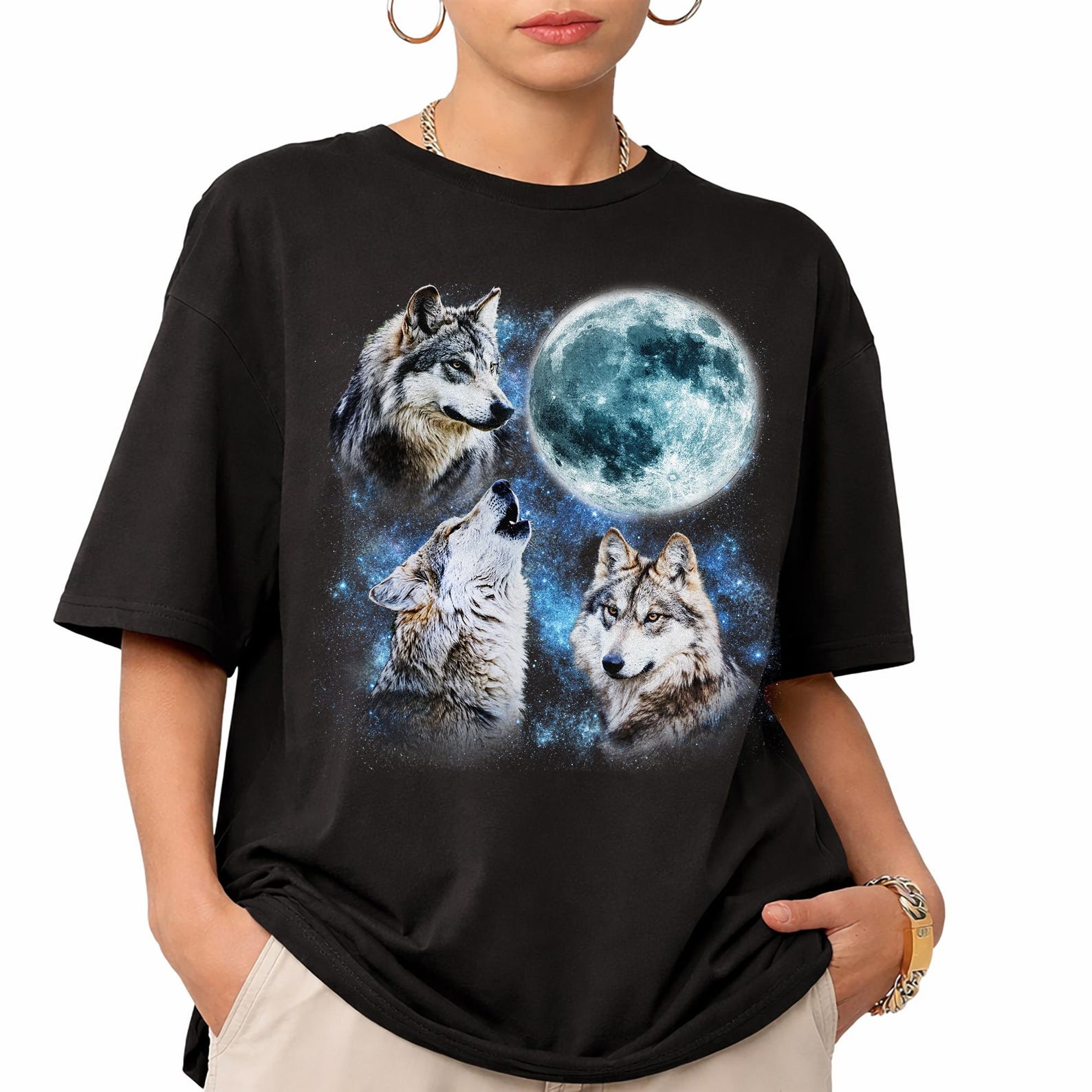 Wolf Shirt, Three Wolf Moon Graphic Tee, Comfort Colors Wolf Lover Shirt, Retro Wildlife Gift, Camping Hiking Nature Animal Tee 2XL