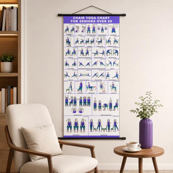 Chair Yoga Wall Chart, Canvas Poster with Hanging Rod And Rope, Chair Yoga Chart for Seniors Beginners Home Stretching Mobility Guide