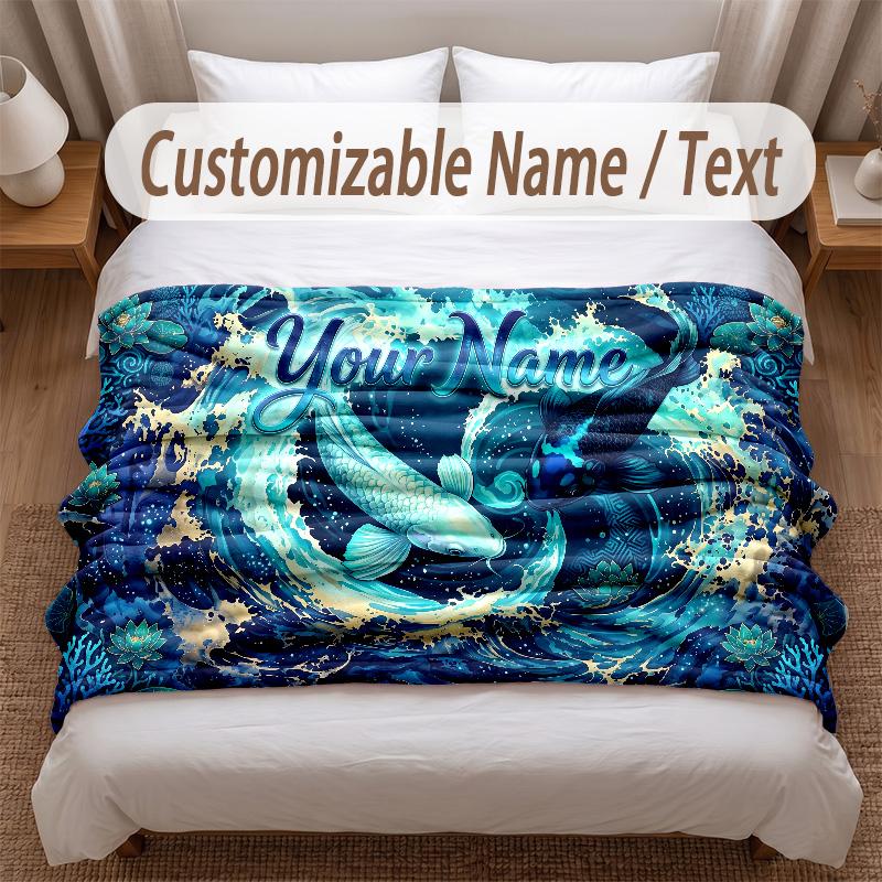 Fish Ocean Theme Soft Blanket Personalized Custom Name Text Print Warm Blanket Home Sofa Bedroom Decor