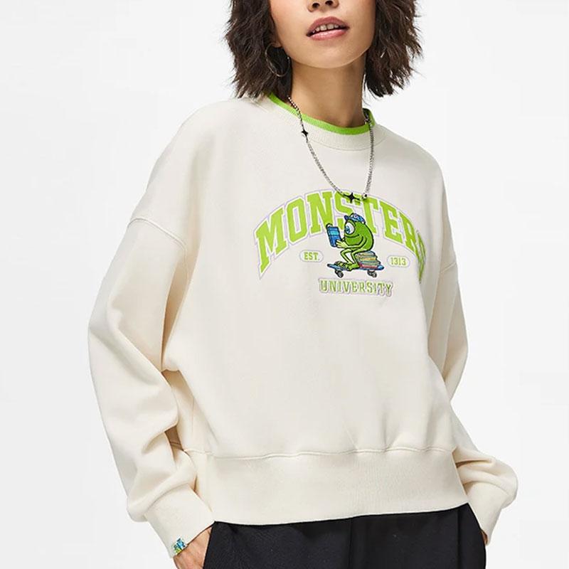 Li Ning X Disney Monsters University Collaboration Letter Cartoon Print Fleece Warm Loose Pullover Sweatshirt Women Sweatshirt Off-White AWDT808-1