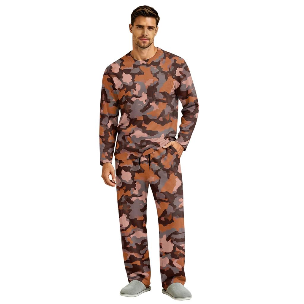 Men's Long Sleeve Pajama Set with Button Crotch and Elastic Drawstring Waist Pants for Home Loungewear