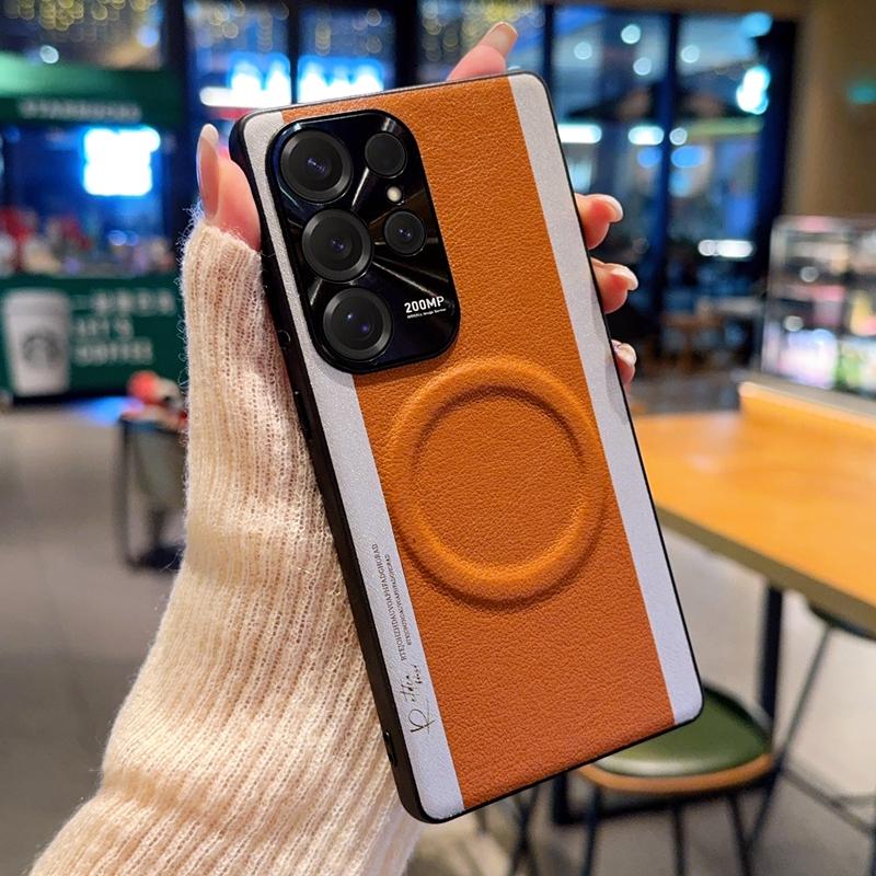 

For Samsung Galaxy S25 Ultra Case Compatible with MagSafe Splicing Color PC+PU Leather Phone Back Cover Brown