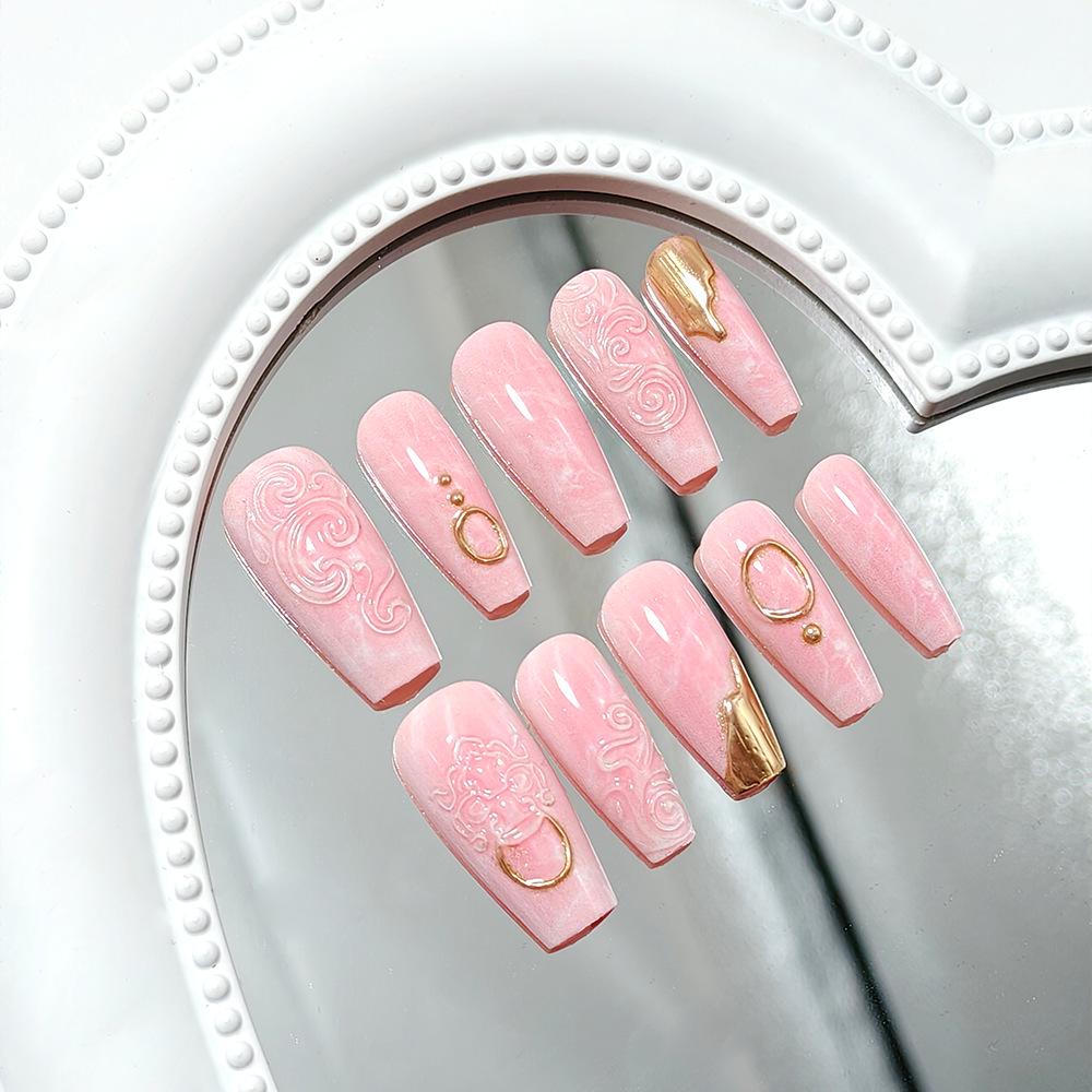 

Gold Embossed 3D Pink Nail Tips with Removable Jelly Glue - Wearable & Stylish Manicure Stickers Extra Small
