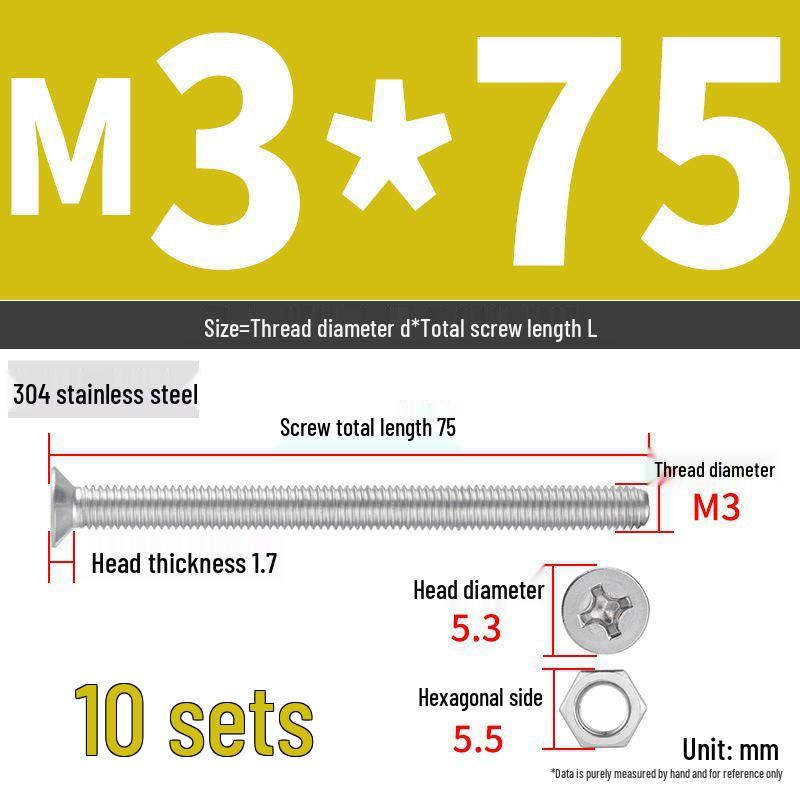 304 Stainless Steel Extra Long Phillips Flat Head Screws and Nuts Set (2M, 3M, 4M)