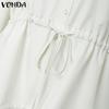 VONDA Women Casual Stand Collar Solid Color Long Sleeve Drawstring Waist Blouse Shirts