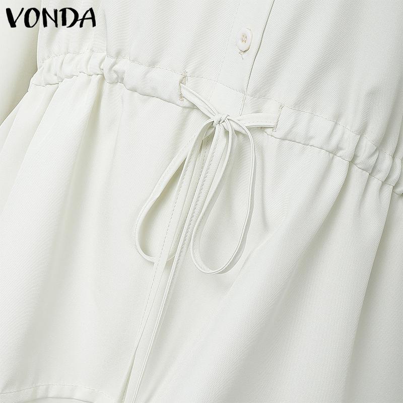 VONDA Women Casual Stand Collar Solid Color Long Sleeve Drawstring Waist Blouse Shirts