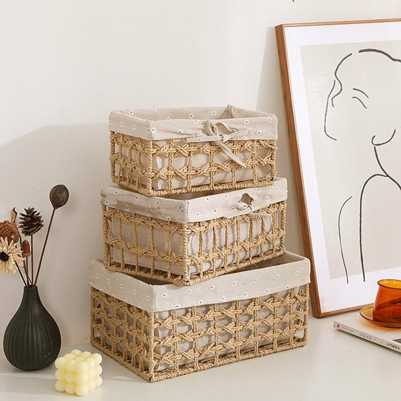 Rectangular Wicker Basket Cube Storage Box Wicker Storage Basket Hand-Woven Paper Rope Decorative