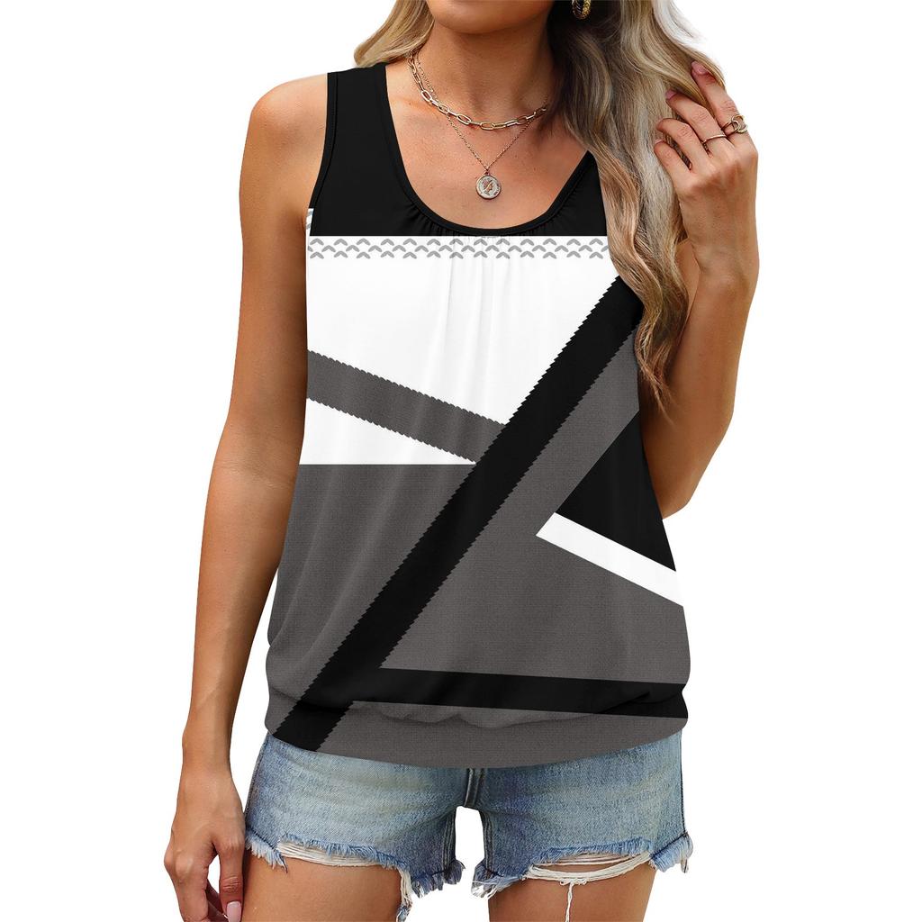 Colete de verão feminino solto plissado gola redonda camisa casual sem mangas top