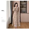 Korean Ruffle Print Chiffon Dress with Puff Sleeves