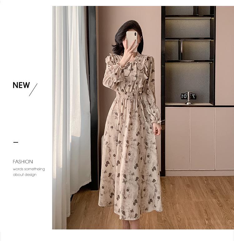 Korean Ruffle Print Chiffon Dress with Puff Sleeves