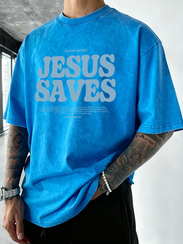 Good News Jesus Saves Letter Print Mens Washed TShirt Summer Cotton Short Sleeve Sport Comfortable T Shirt Gym Loose Top