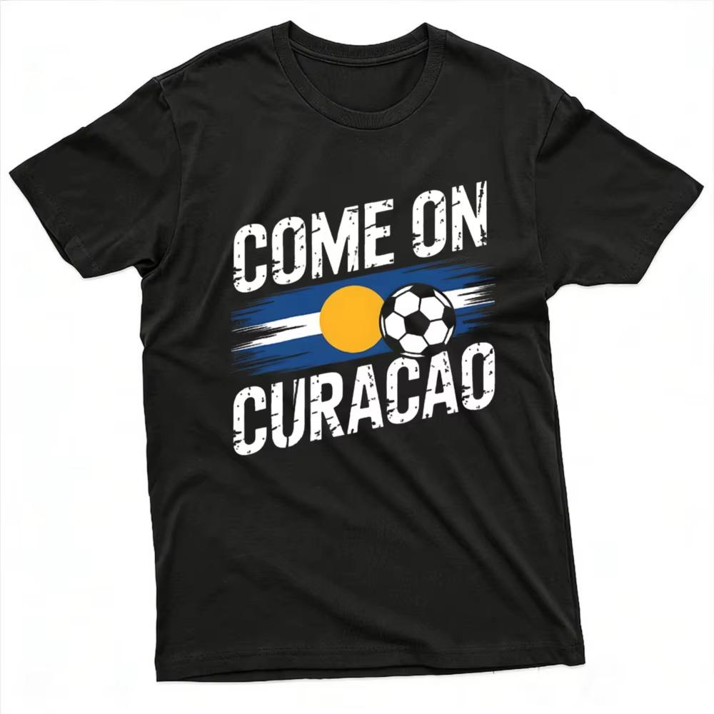 Come on Curacao Flag Soccer Ball Graphic T Shirt Vintage Distressed Print Sports Fan Supporter Casual Streetwear Football Tees