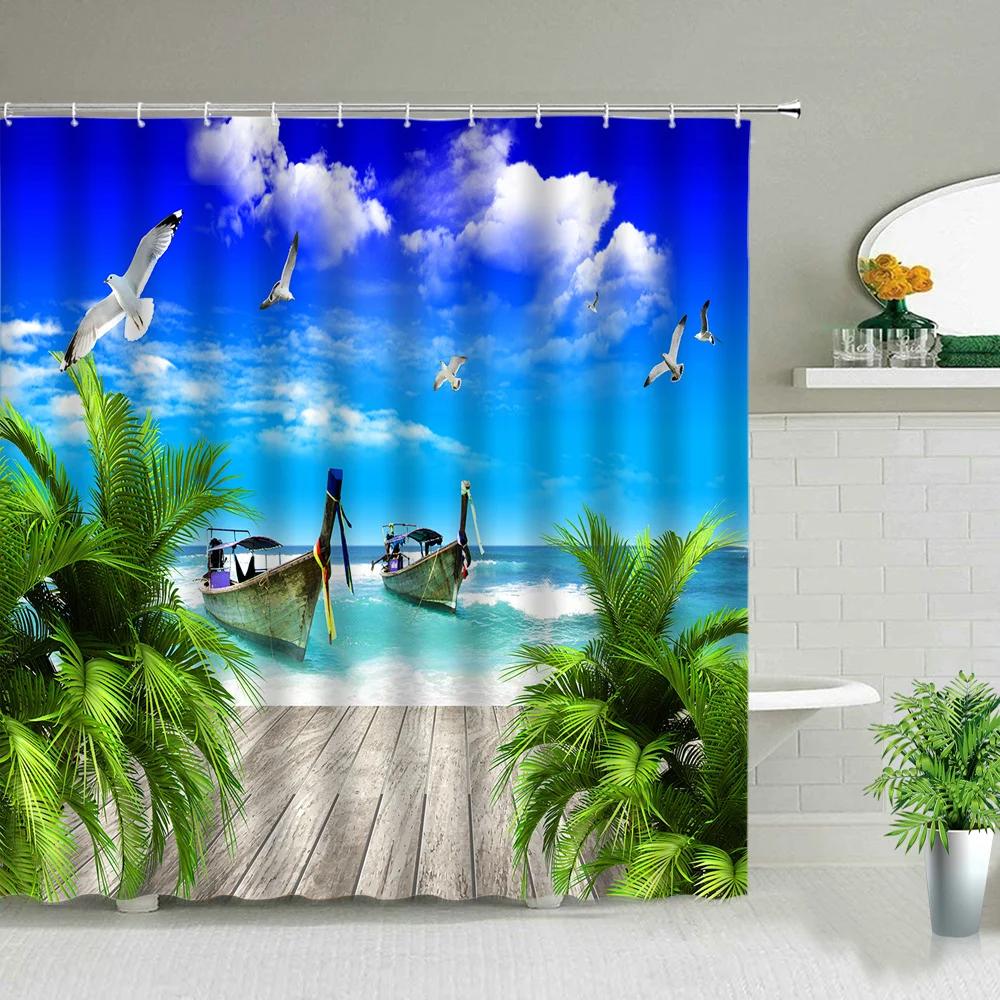 Palm Tree Ocean Scenery Shower Curtains Beach Sea Landscape Waterproof Polyester Fabric Bathroom Decor Bath Curtain with Hooks