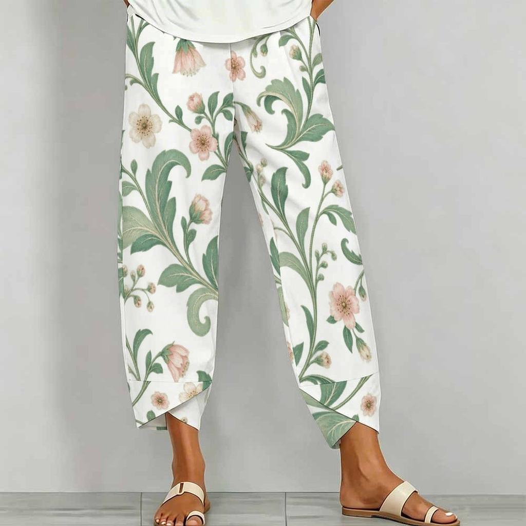 Women Plus Size Floral Printed Loose Cross Hem Cropped Pants