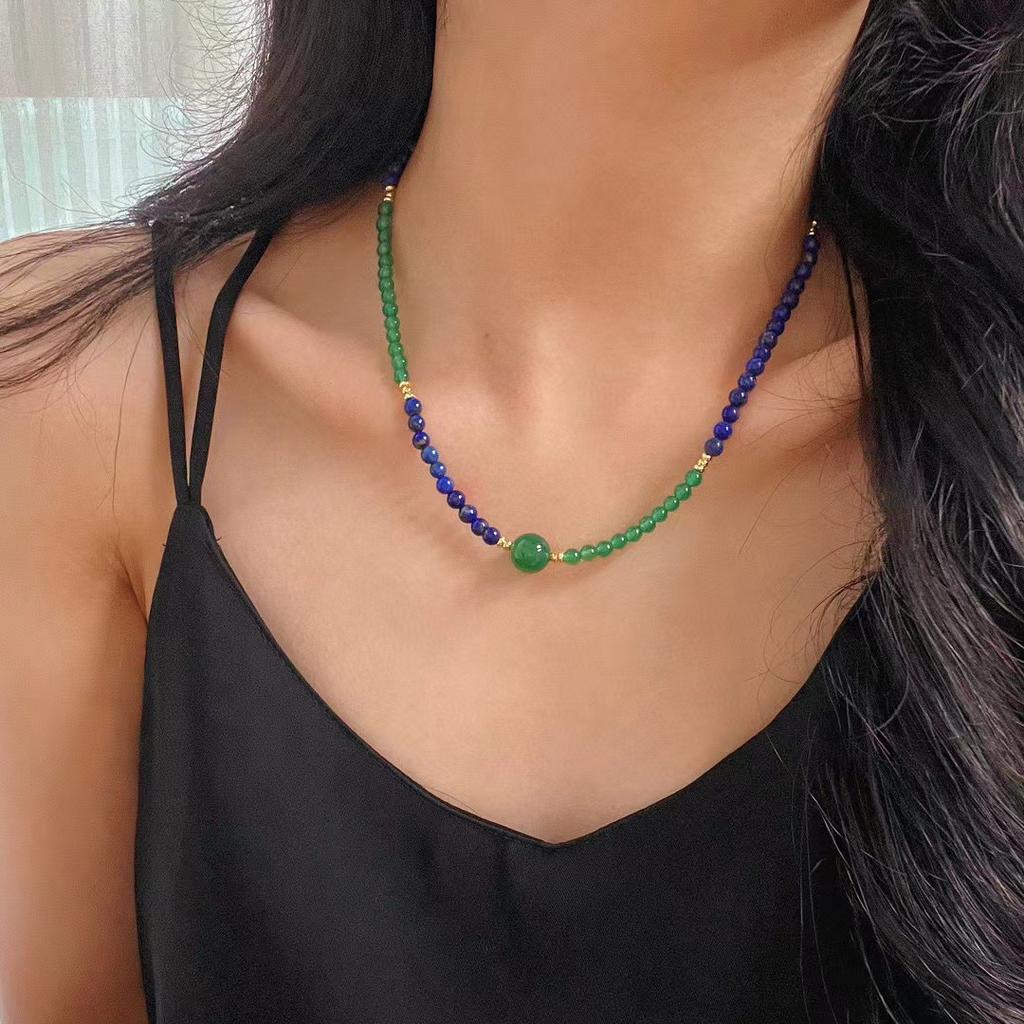 Retro New Niche Design Dark Blue Natural Lapis Lazuli Natural Chalcedony Contrasting Collarbone