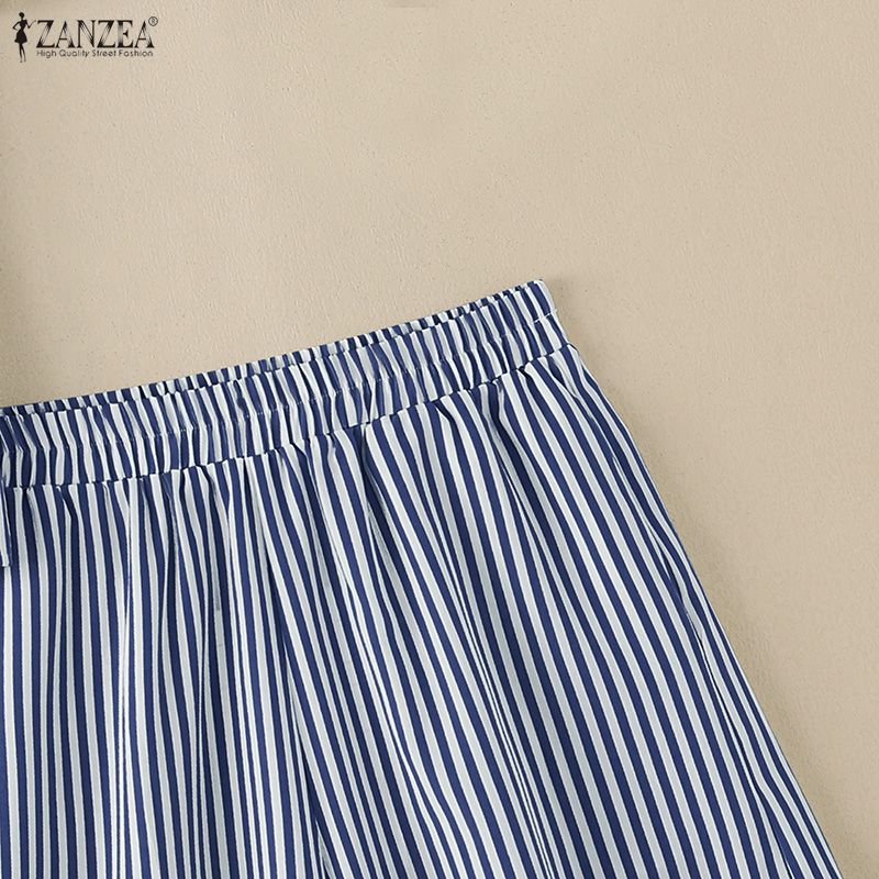 ZANZEA Women Short Sleeve Blouse and Shorts Summer Stripe Print Two Piece Suit Sets