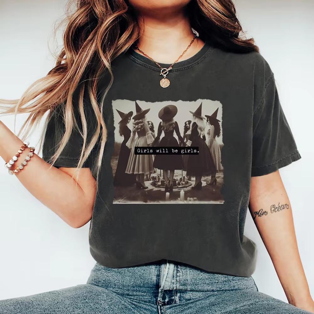 Vintage Girls Will Be Girls Witch T Shirt Funny Witch Tshirt Halloween Women Shirt Short Sleeve Streetwear Tee Witchy Vibes Top S