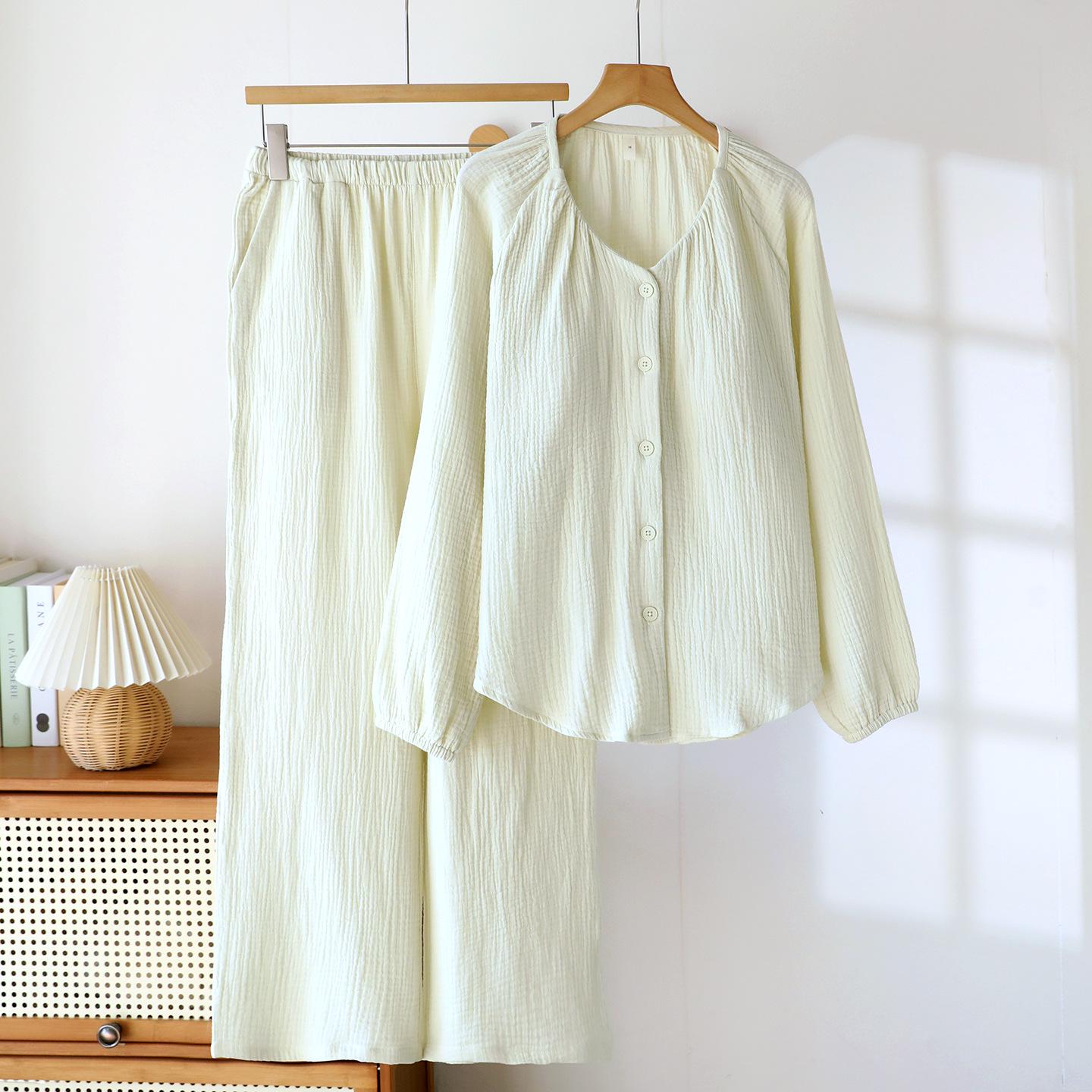 Women s Cotton Gauze Double-Layer Long Pajama Set with Chest Pads XL светло-зеленый