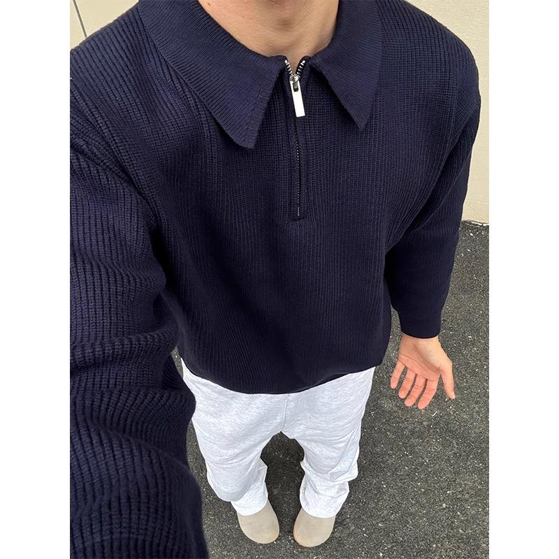 Men's Dark Blue Half-Zip Knit Sweater - Winter, Clean Fit, Versatile Casual Top