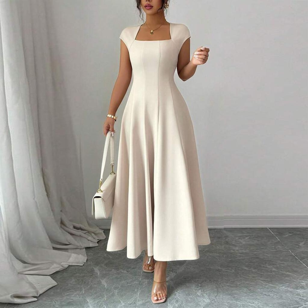 Women's Solid Color Square Neck Slim Fit A-Line Dress Cap Sleeve Midi Length Casual Dress for Daily Wear