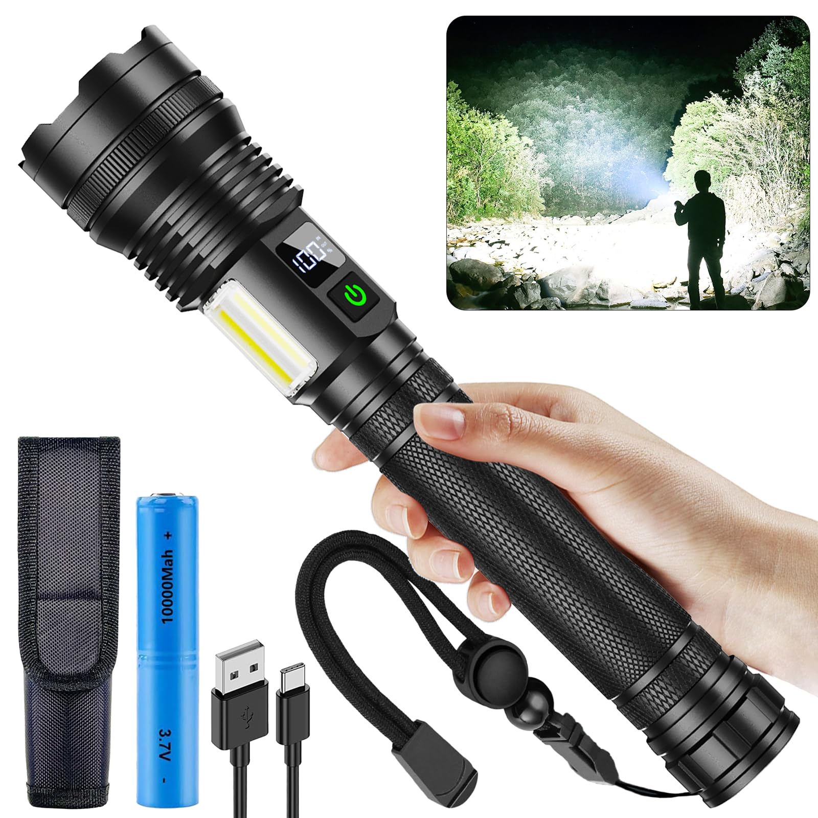 

COB Рабочий IPX67 10 Режимов Диммирования Уровень Заряда Идеально для Энергоснабжения и Готовности к Катастрофам Мощный, Сверхъяркий 10 000 мАч Фонарь Военного Класса, Type-C чёрный