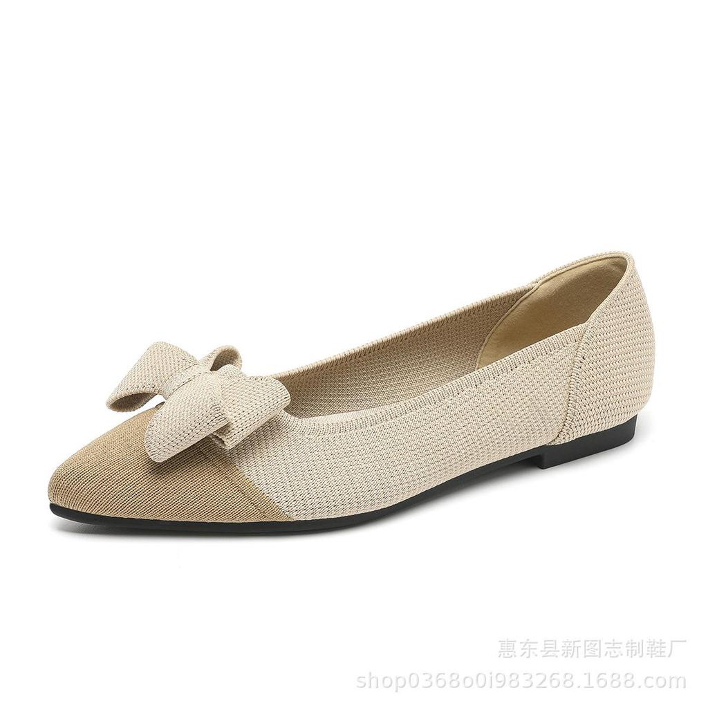 Punta Appuntita Bocca Bassa Tessuto Fondo Piatto Donna Fiocco Lavorato a Maglia Fondo Morbido Scarpe Grandi Taglia 34-43