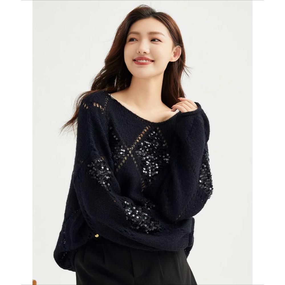 

DIMANAF 2025 Autumn New Women Sequins Sweaters Knitting Basic Fashion O-Neck Style Loose Pullover Sweater One Size чорний