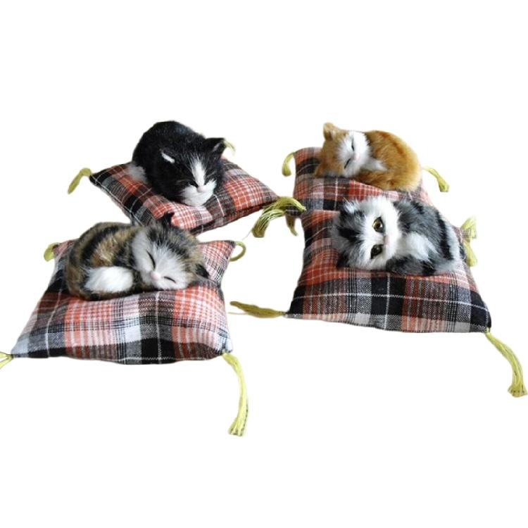 Simulation Cats Doll Ornament Realistic Furry Plush Animal with Cushion Mat Desktop Doll for Home Bedroom Decoration
