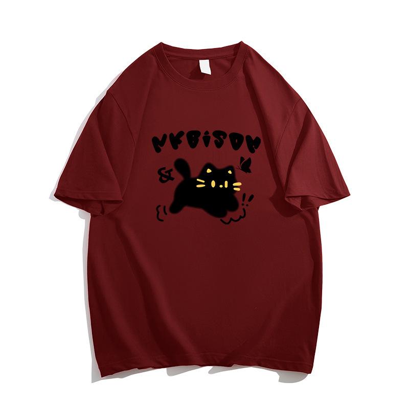 American Retro Design Kitten Print Short-sleeved T-shirt Pure Cotton Spring and Summer Loose Large Version Couple Men's and Women's Tops