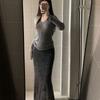 Elegant Mink Hair V-neck Sweater & Midi Skirt Set for Women - Autumn/Spring Slimming Ensemble