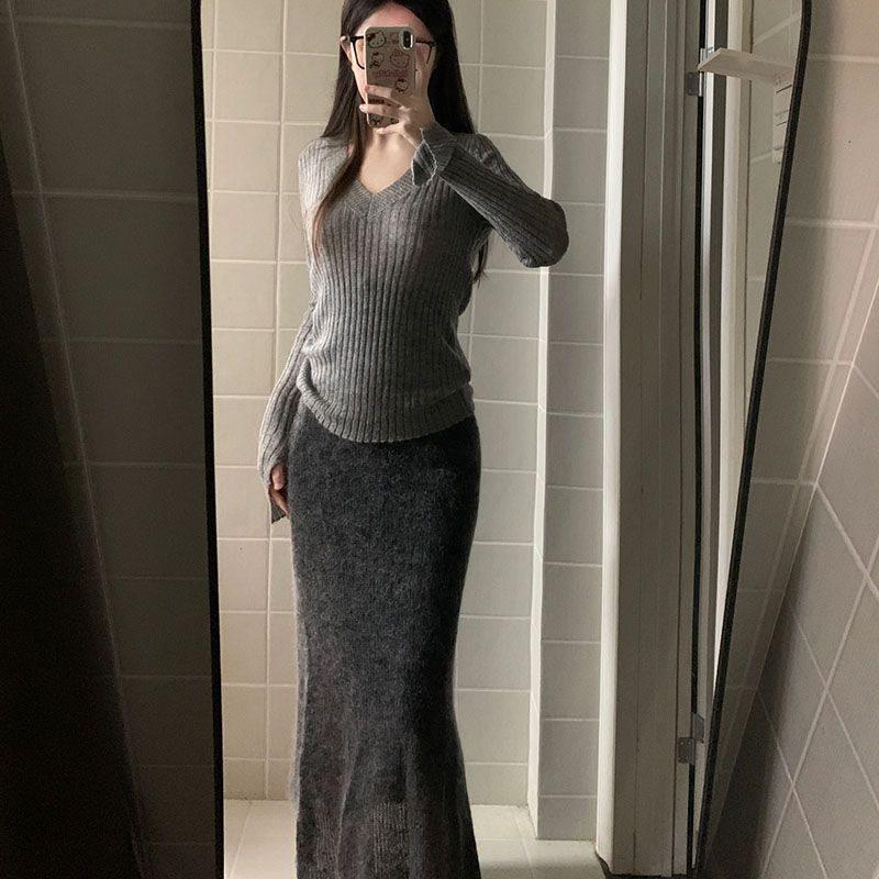 Elegant Mink Hair V-neck Sweater & Midi Skirt Set for Women - Autumn/Spring Slimming Ensemble
