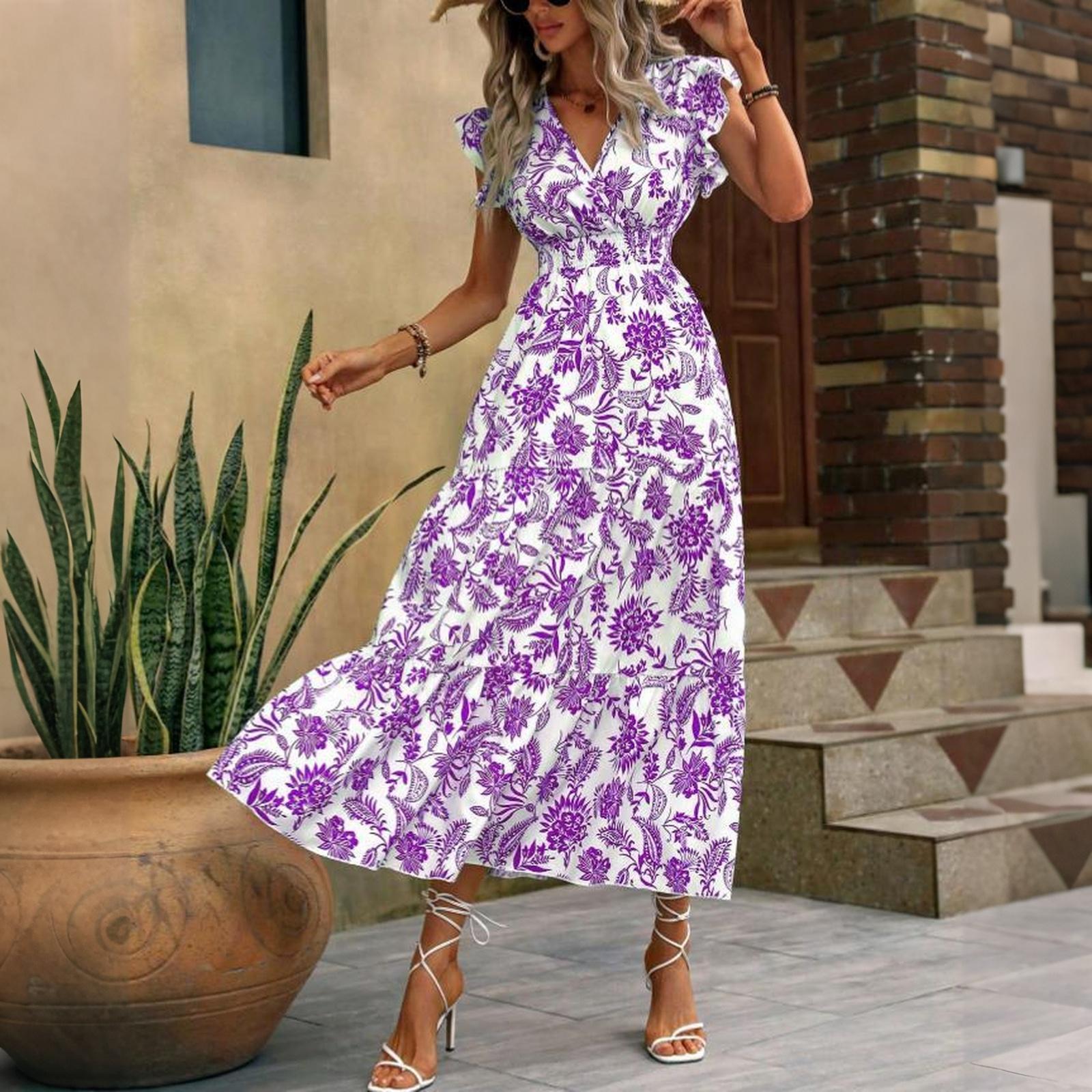 

Bohemian Style Women s Summer V Neck Waist Cinched Floral Print Maxi Dress with Short Sleeves and Ruffled Hem for Casual Wear M фіолетовий