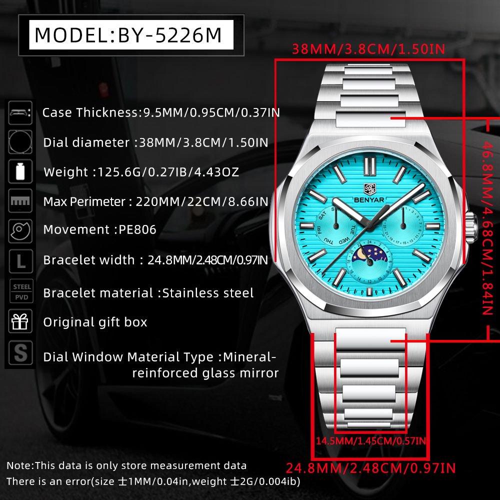 BENYAR BY-5226 Luxury Men's Watch Stainless Steel Waterproof Simple Quartz Business Wristwatches Moon Phase Gift Watches For Men