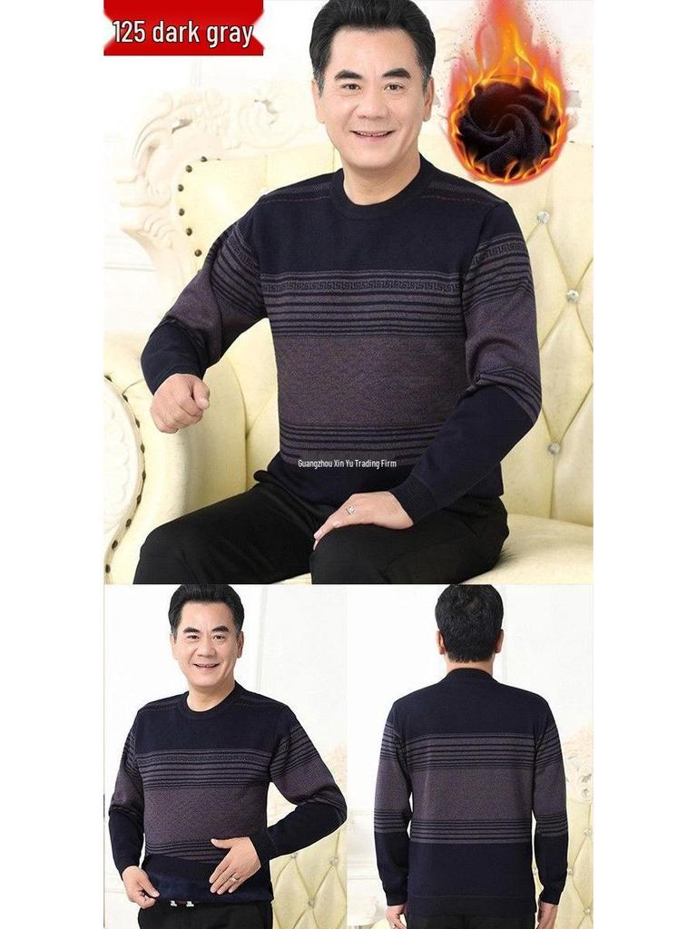 Men's Thick Fleece-Lined Sweater - Grandpa Style, Round Neck, Perfect for Winter Warmth