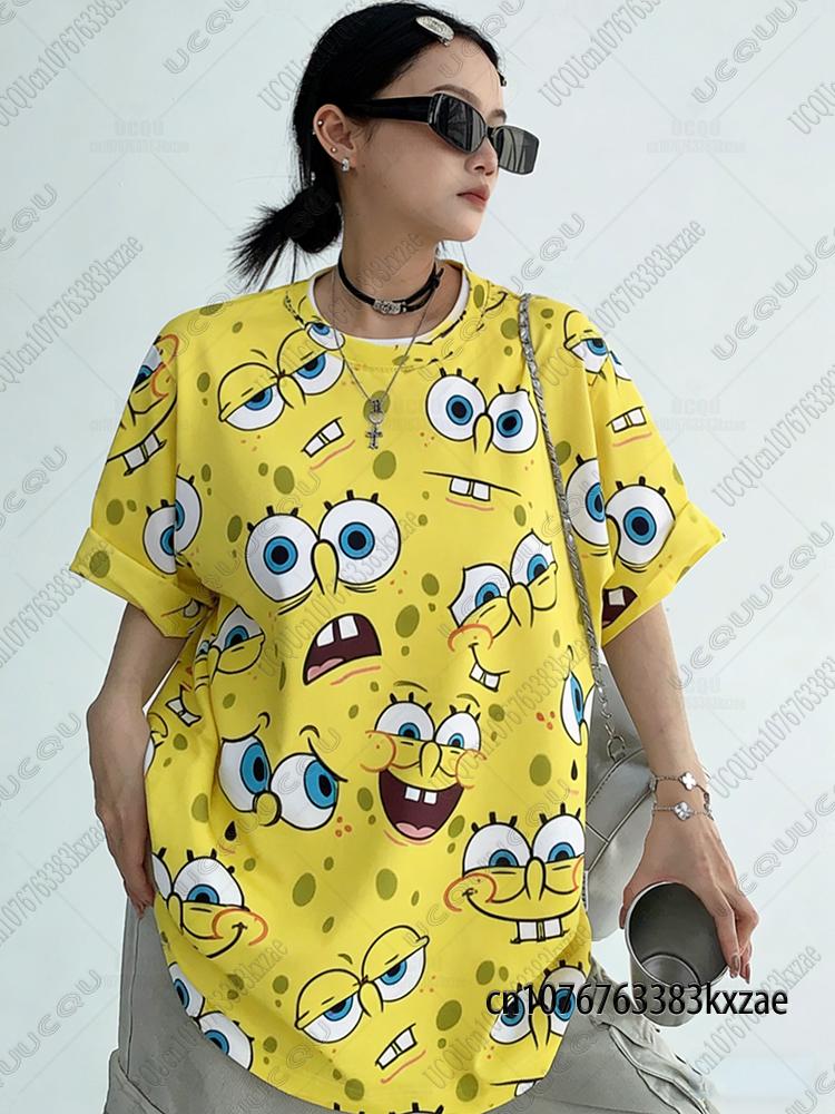Summer New Cartoon Spongebob Print Tshirts For Wounisex Casual Street Hip Hop Tshirts Kawaii Sleepwear For Couple Y2k Loose Tops
