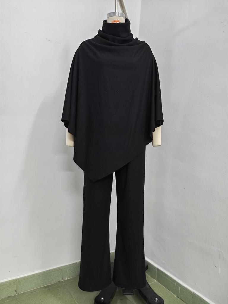 European & American Women's Fall/Winter Fleece Stand-up Collar Cape and Wide-leg Pants Set