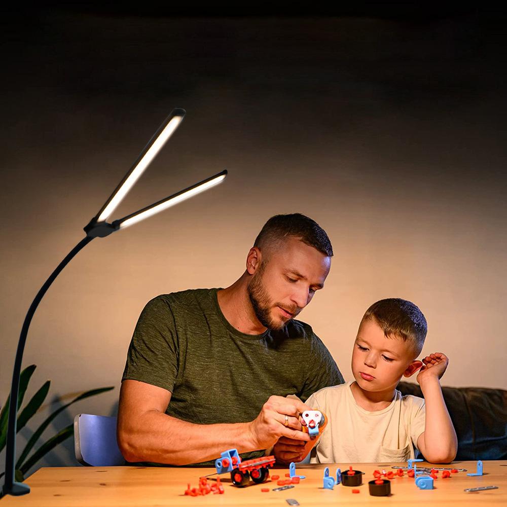 Double Head LED Clip Desk Lamp Touch Button Bedroom Bedside Table Lamp for Home Office Reading Light 3 Color Adjustable