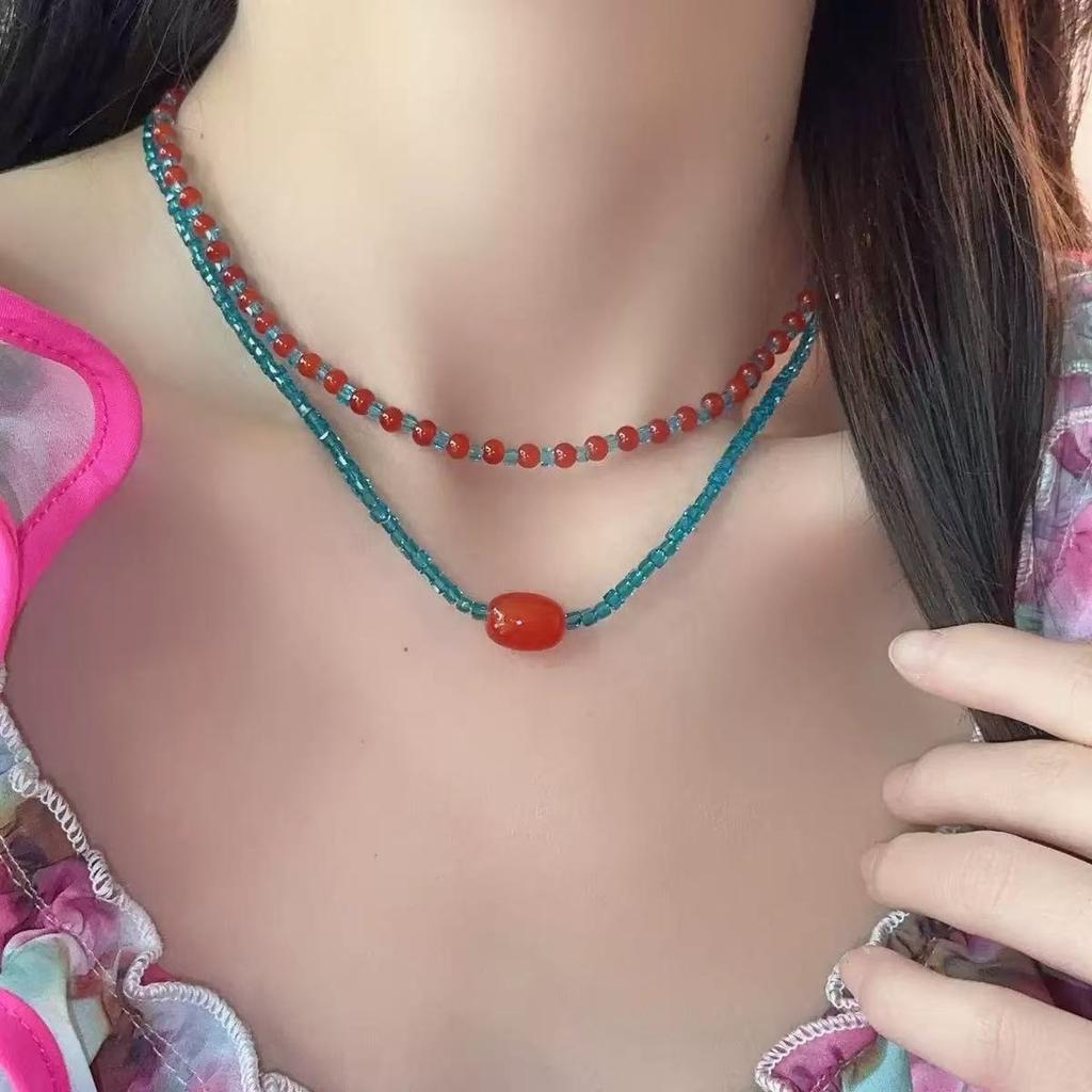 Natural red agate necklace, Xiaomi bead collarbone chain, Bohemian bead necklace, jewelry, double-layer layered necklace