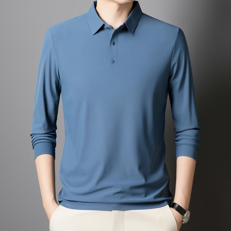 Autumn Ice Silk Markless Long-sleeved T-shirt Men's POLO Shirt New Solid Color Lapel Top