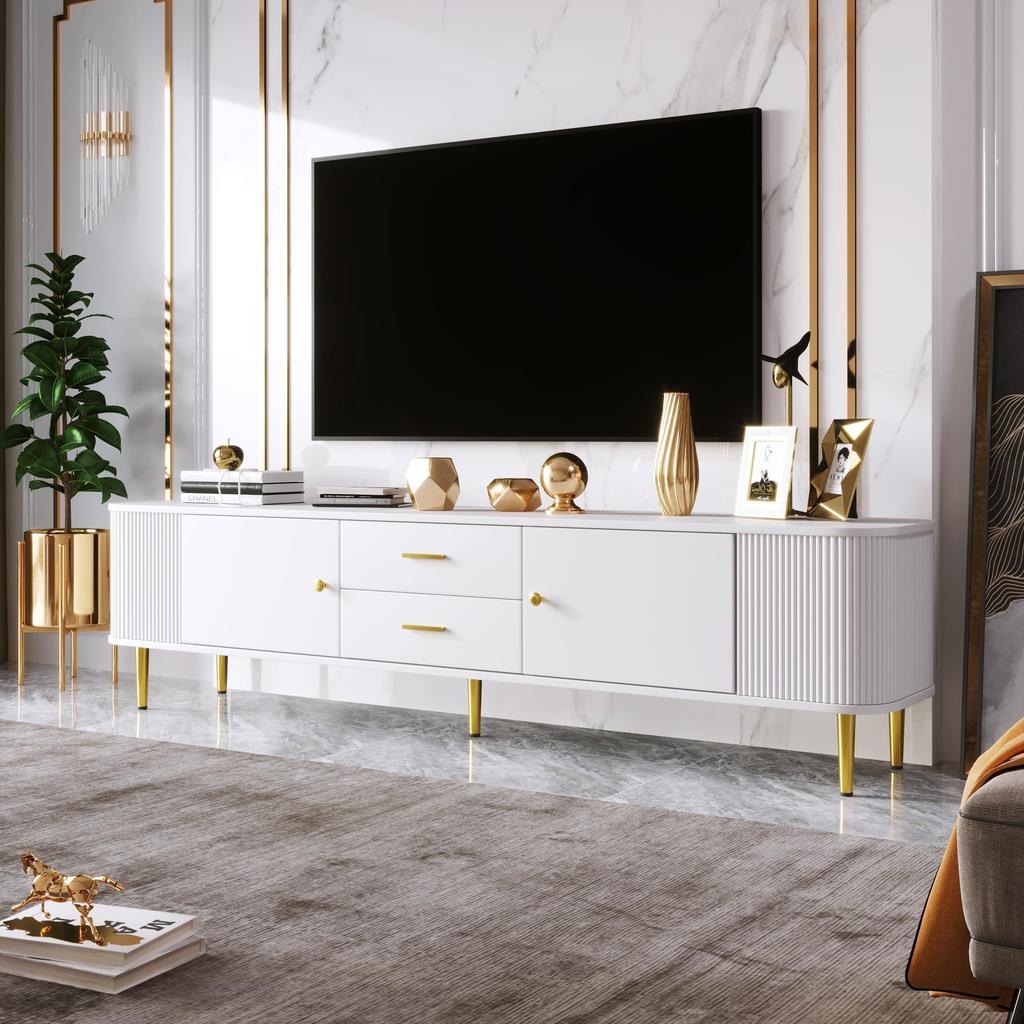 Dulap TV, cu laterale ondulate și mânere aurii, 2 uși, 2 sertare, design modern, colțuri rotunjite, sigur și funcțional, pentru living