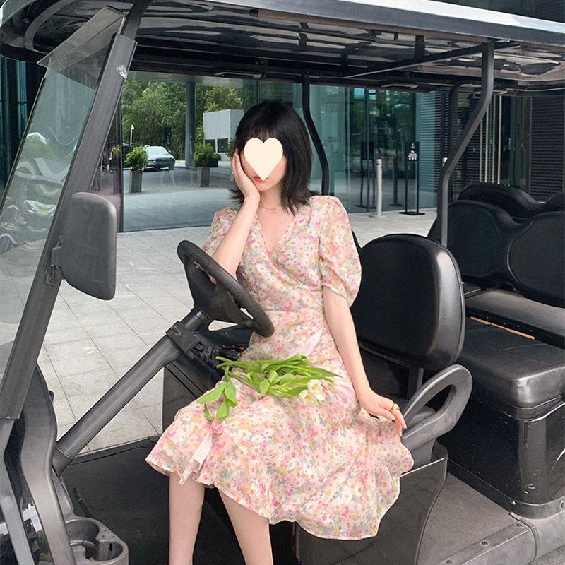 Summer new Korean version V-neck floral chiffon dress female student medium and long oil painting skirt series skirt
