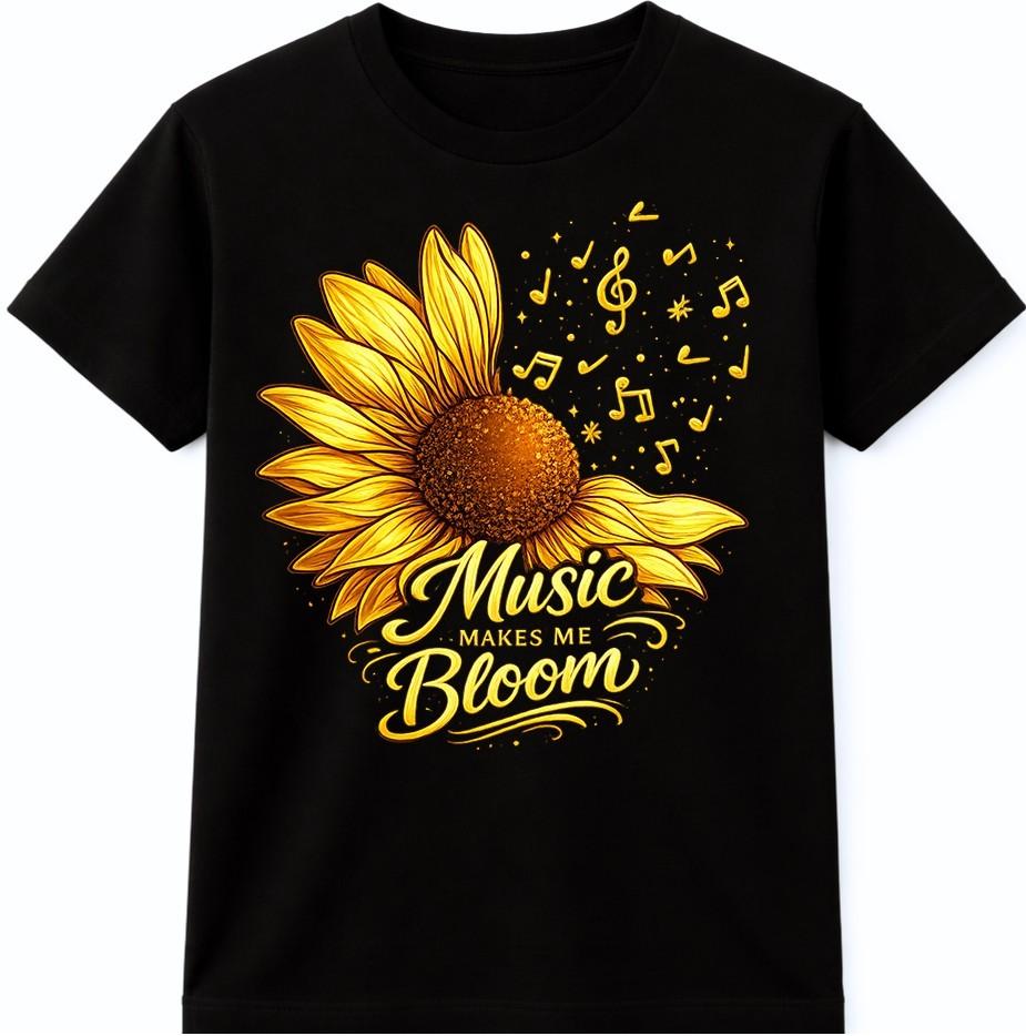 Sunflower Music T Shirt Music Makes Me Bloom Lover Graphic Quote Tee Top XXL