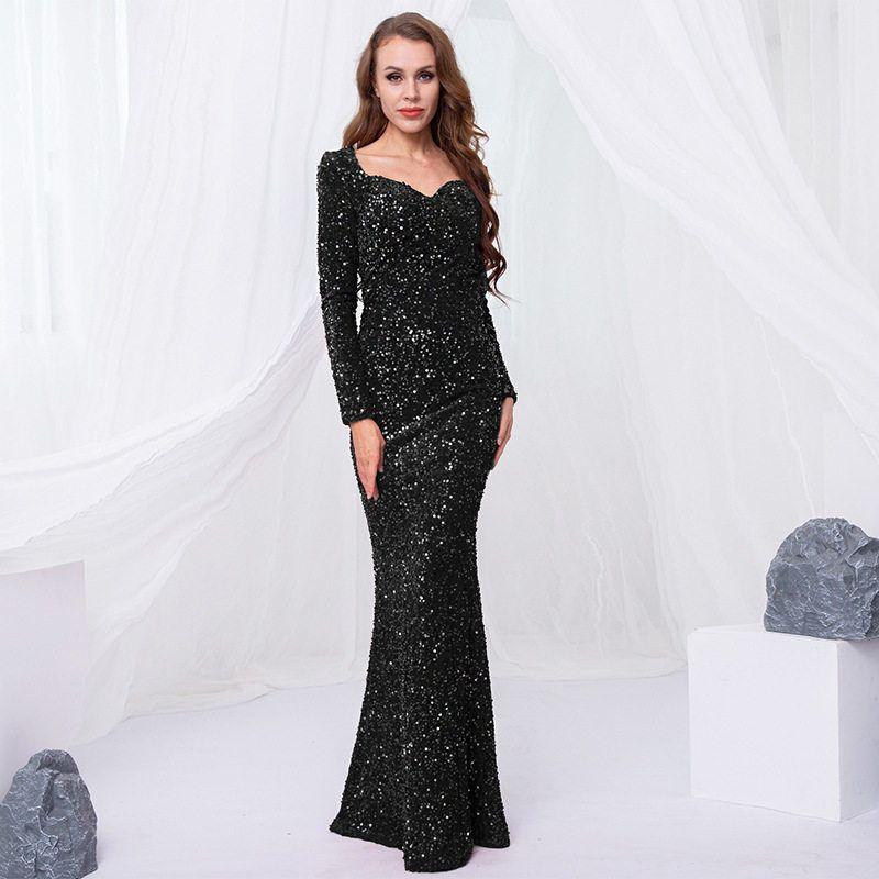 Amazon s New Evening Dress, Velvet Long-Sleeved Sequined V-Neck Fishtail Dress, European and American Banquet Formal Dress Long Dress Black XL