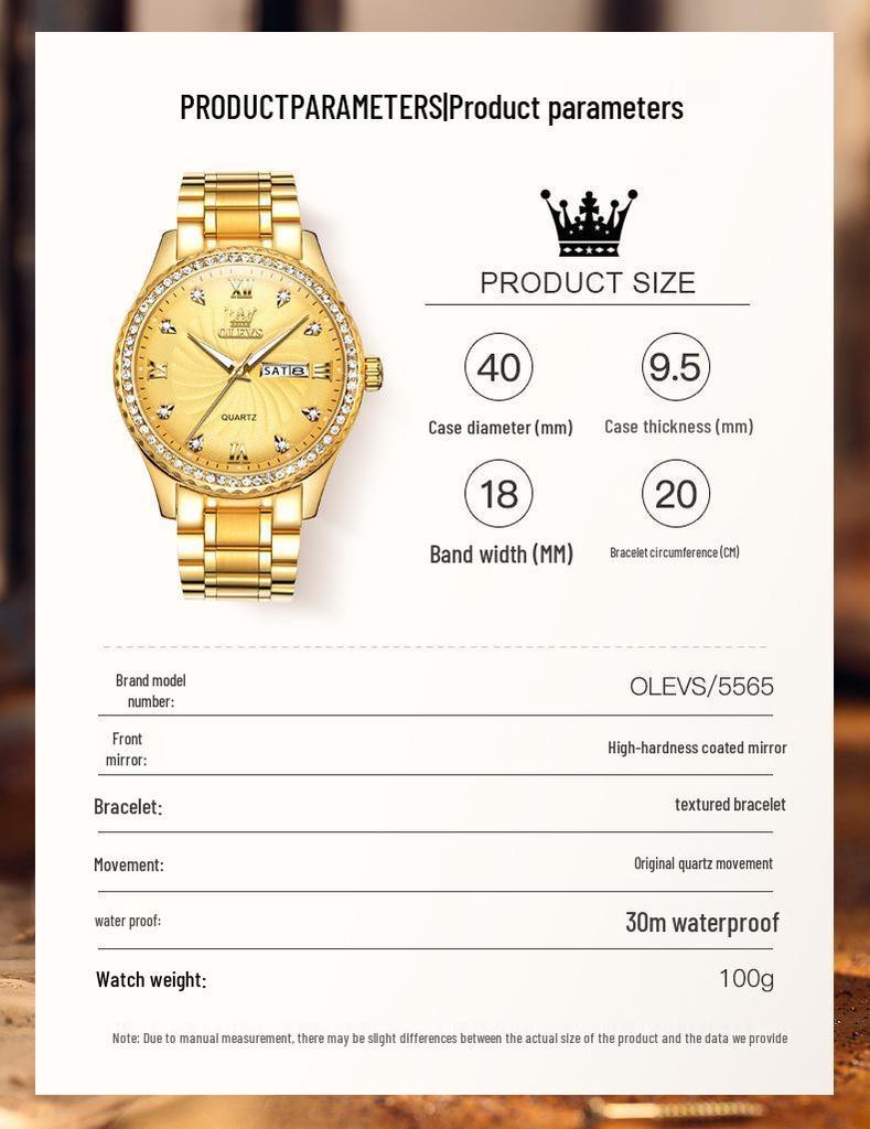 OLEVS Luxus Gold Diamantenbesetzte Wasserdichte Herrenuhr