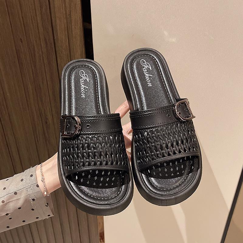 New fashionable and simple thick-bottomed mesh hollowed-out woven summer women's one-word belt outer wear versatile slippers